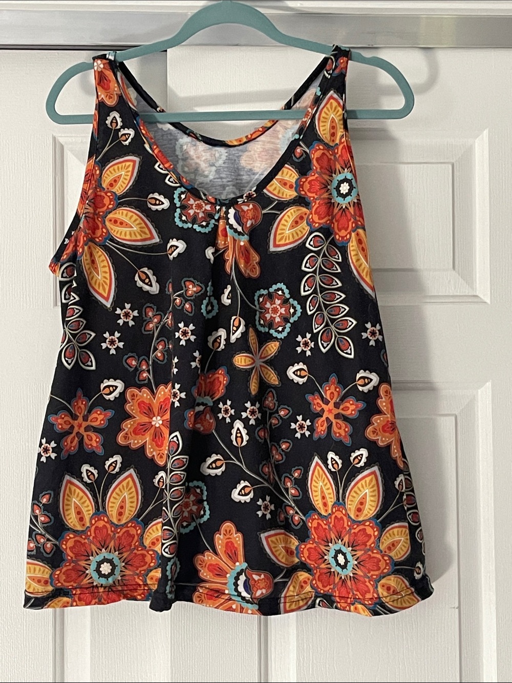 Floral Print Sleeveless Tank Top - Black with Orange & Yellow Size XL